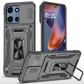 HR Premium Utter Tough Metal Ring Movable Camera Window Hybrid Case Cover For Motorola Moto G 5G 2025/2026 - Gray