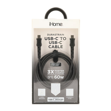 iHome Durastrain 6' Braided Usb-C To Usb-C Cable W/ Cable Wrap - Black
