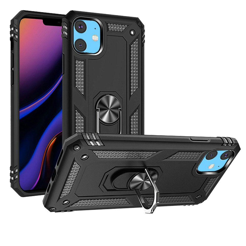 Premium Ring Magnetic Kickstand Hybrid Case For iPhone 15 - Black