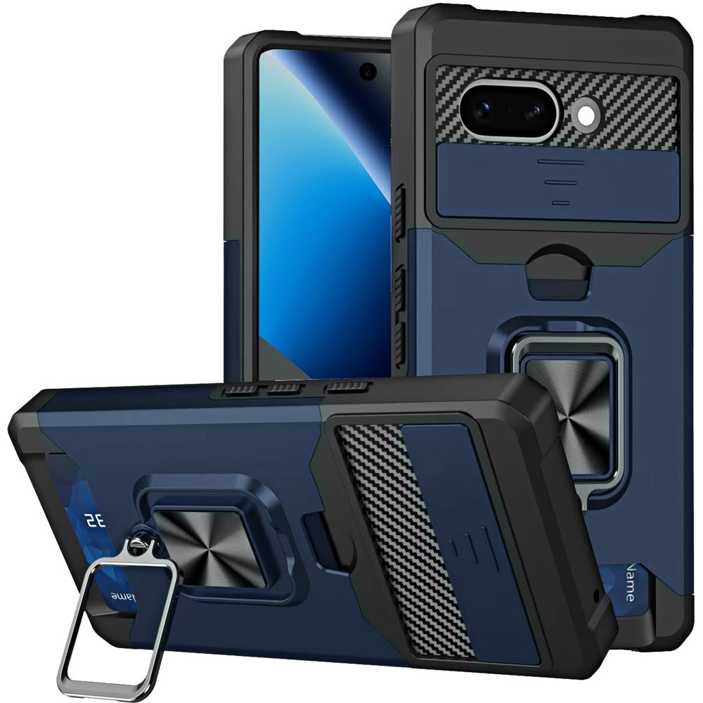 HR Premium Multi-Functional Card Magnetic Ring Stand Hybrid Camera Case Cover For Google Pixel 10A - Blue