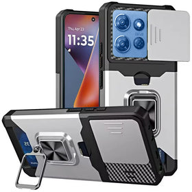 HR Premium Multi-Functional Card Magnetic Ring Stand Hybrid Camera Case Cover For Motorola Moto G 5G 2025/2026 - Silver