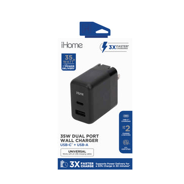iHome 35W Dual-Port Usb-A & Usb-C Wall Charger W/ Folding Prongs (Non-Gan) - Black